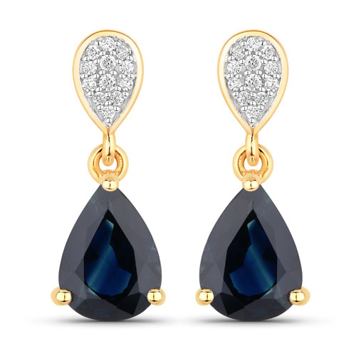 Earrings-2.76 Carat Genuine Blue Sapphire and White Diamond 14K Yellow Gold Earrings