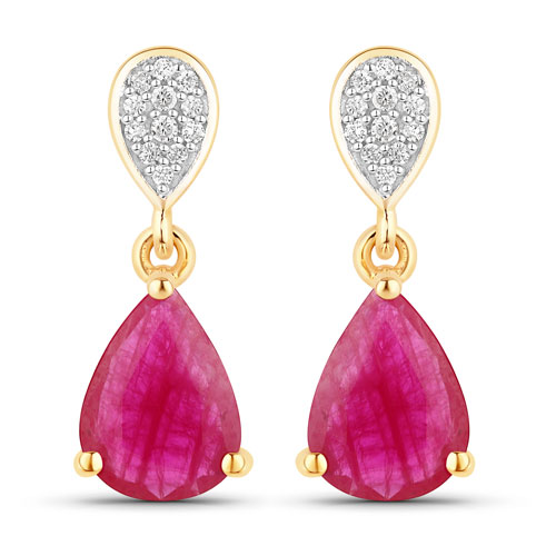 Earrings-2.46 Carat Genuine Ruby and White Diamond 10K Yellow Gold Earrings