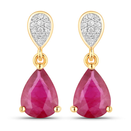 Earrings-2.46 Carat Genuine Ruby and White Diamond 14K Yellow Gold Earrings