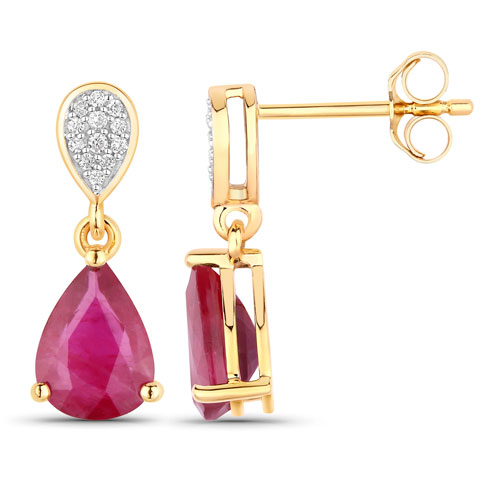 2.46 Carat Genuine Ruby and White Diamond 14K Yellow Gold Earrings