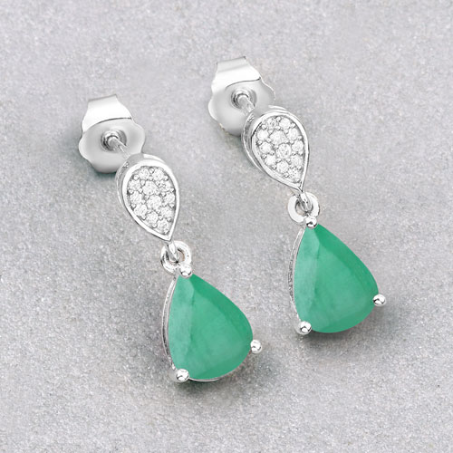 2.28 Carat Genuine Zambian Emerald and White Diamond 10K White Gold Earrings
