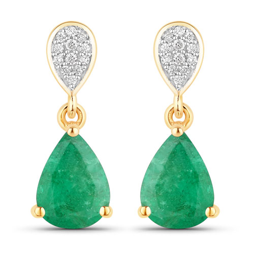 Emerald-2.28 Carat Genuine Zambian Emerald and White Diamond 10K Yellow Gold Earrings