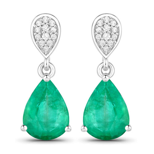 Emerald-2.28 Carat Genuine Zambian Emerald and White Diamond 14K White Gold Earrings