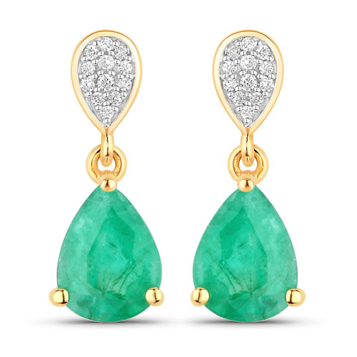 Emerald-2.28 Carat Genuine Zambian Emerald and White Diamond 14K Yellow Gold Earrings