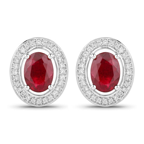 Earrings-2.12 Carat Genuine Ruby and White Diamond 14K White Gold Earrings