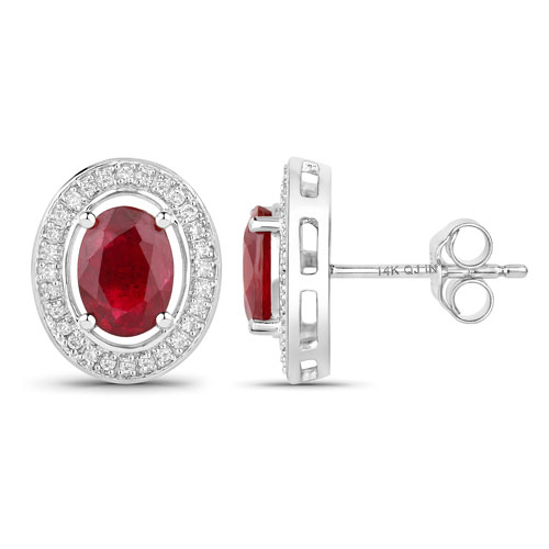 2.12 Carat Genuine Ruby and White Diamond 14K White Gold Earrings
