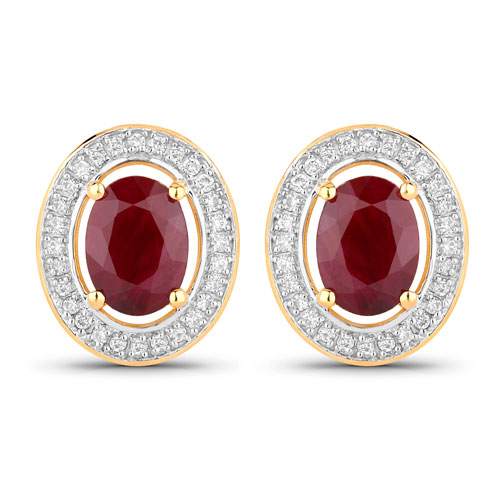 Earrings-2.12 Carat Genuine Ruby and White Diamond 14K Yellow Gold Earrings