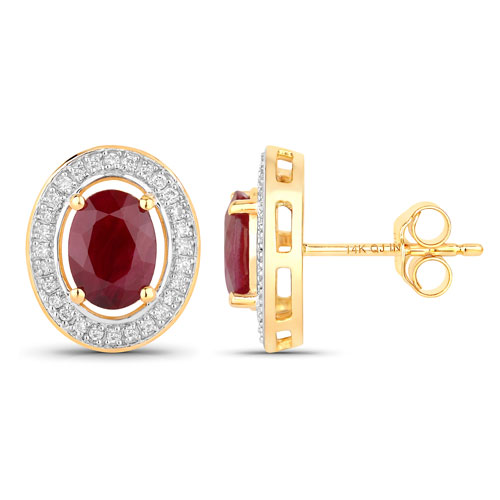 2.12 Carat Genuine Ruby and White Diamond 14K Yellow Gold Earrings