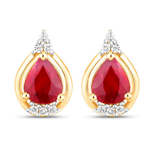 Earrings-1.36 Carat Genuine Ruby and White Diamond 14K Yellow Gold Earrings