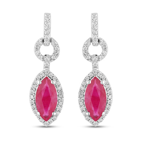 Earrings-1.23 Carat Genuine Ruby and White Diamond 14K White Gold Earrings