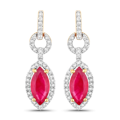 Earrings-1.23 Carat Genuine Ruby and White Diamond 14K Yellow Gold Earrings