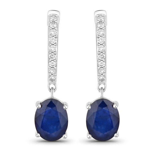 Earrings-3.24 Carat Genuine Blue Sapphire and White Diamond 14K White Gold Earrings