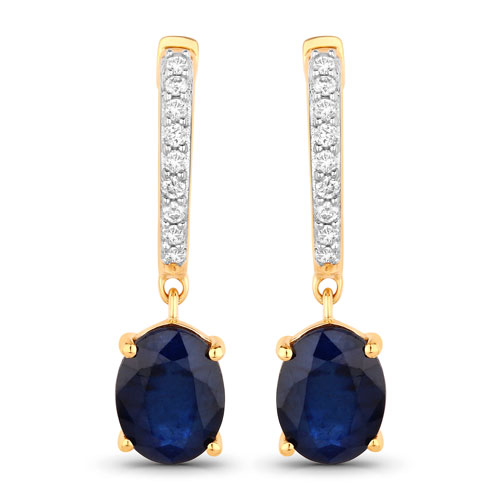 Earrings-3.24 Carat Genuine Blue Sapphire and White Diamond 14K Yellow Gold Earrings