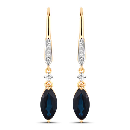 Earrings-2.73 Carat Genuine Blue Sapphire and White Diamond 14K Yellow Gold Earrings