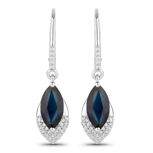 Earrings-2.79 Carat Genuine Blue Sapphire and White Diamond 14K White Gold Earrings