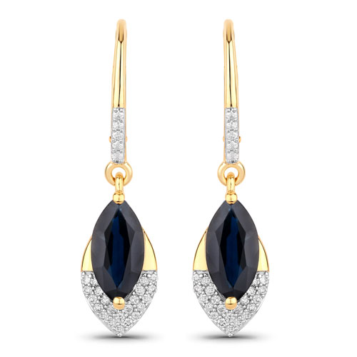 Earrings-2.79 Carat Genuine Blue Sapphire and White Diamond 14K Yellow Gold Earrings