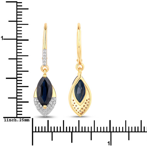 2.79 Carat Genuine Blue Sapphire and White Diamond 14K Yellow Gold Earrings