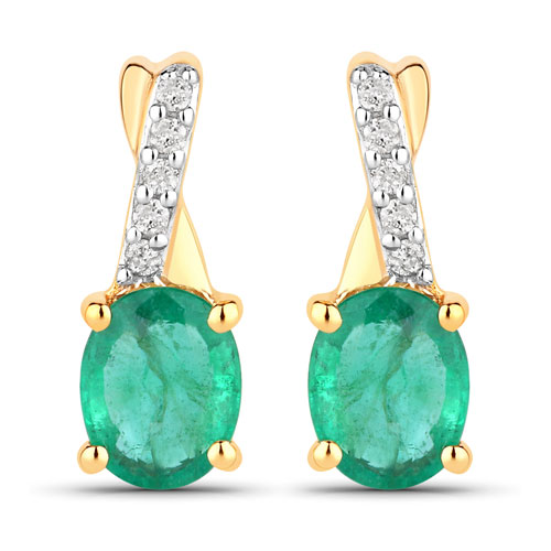 Emerald-1.27 Carat Genuine Zambian Emerald and White Diamond 14K Yellow Gold Earrings