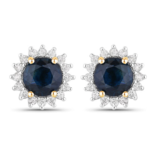 Earrings-2.38 Carat Genuine Blue Sapphire and White Diamond 14K Yellow Gold Earrings