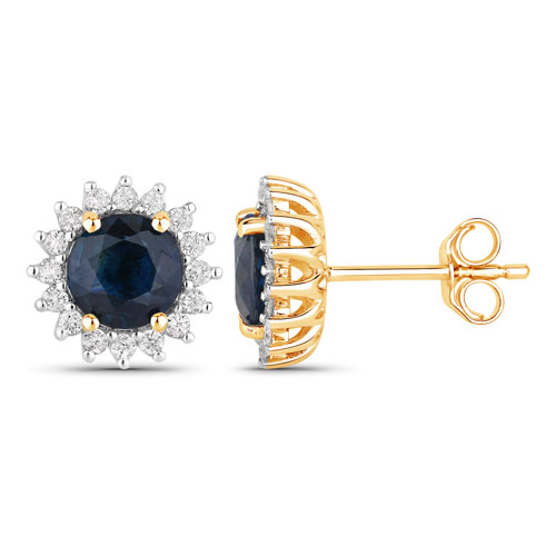 2.38 Carat Genuine Blue Sapphire and White Diamond 14K Yellow Gold Earrings
