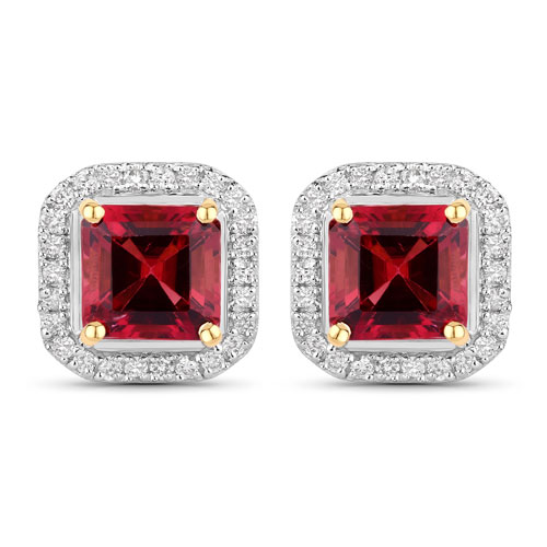 Earrings-2.72 Carat Genuine Rubellite and White Diamond 14K Yellow Gold Earrings