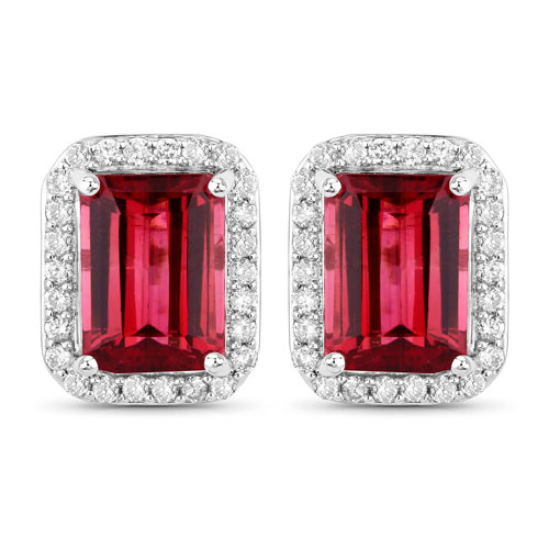 Earrings-3.08 Carat Genuine Rubellite and White Diamond 14K White Gold Earrings