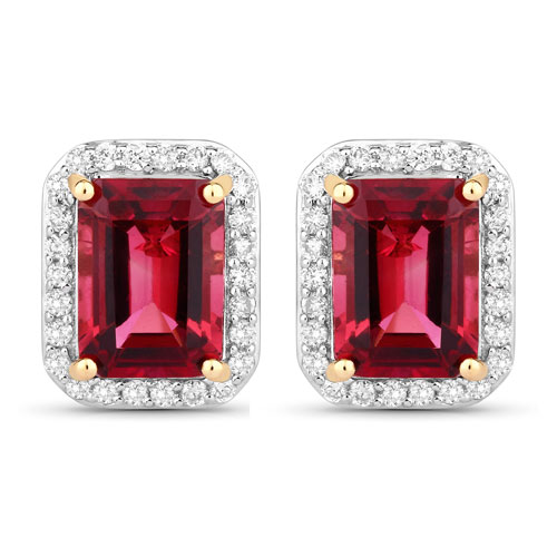 Earrings-3.08 Carat Genuine Rubellite and White Diamond 14K Yellow Gold Earrings