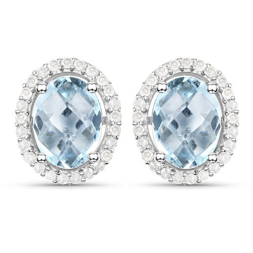Earrings-2.87 Carat Genuine Swiss Blue Topaz and White Diamond .925 Sterling Silver Earrings