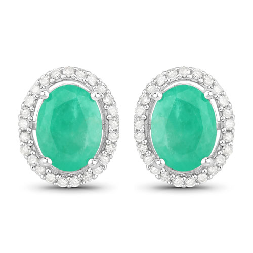 Emerald-2.67 Carat Dyed Emerald and White Diamond 14K Yellow Gold Earrings