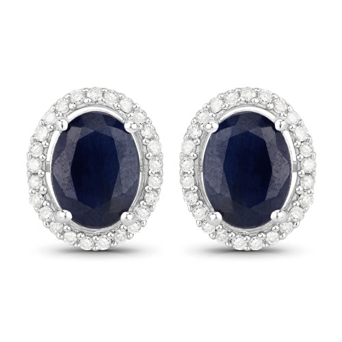 Earrings-3.27 Carat Genuine Blue Sapphire and White Diamond .925 Sterling Silver Earrings