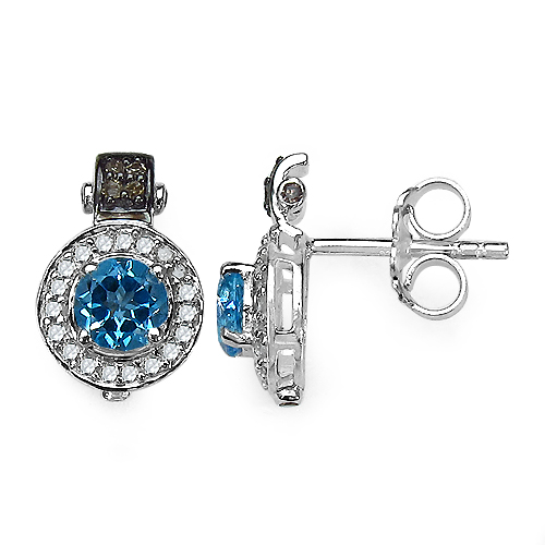 1.20 Carat Genuine Swiss Blue Topaz and 0.30 ct.t.w Genuine Diamond Accents Sterling Silver Earrings
