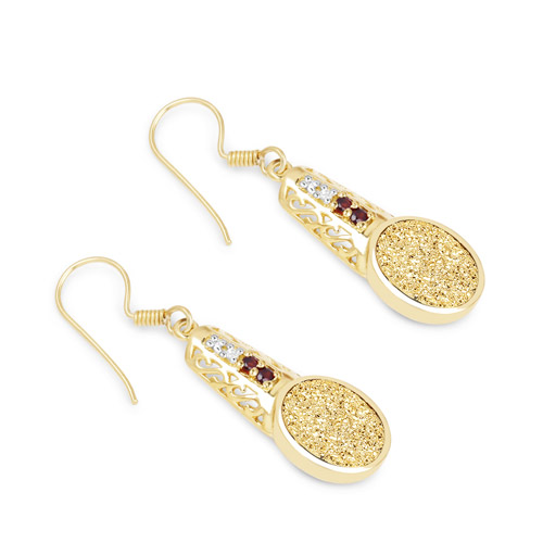 14K Yellow Gold Plated 7.69 Carat Genuine Golden Drusy, Garnet and White Topaz .925 Sterling Silver Earrings