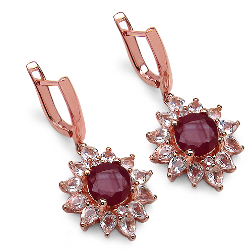 Earrings-18K Rose Gold Plated 10.88 Carat Genuine Glass Filled Ruby & White Topaz .925 Sterling Silver Earrings