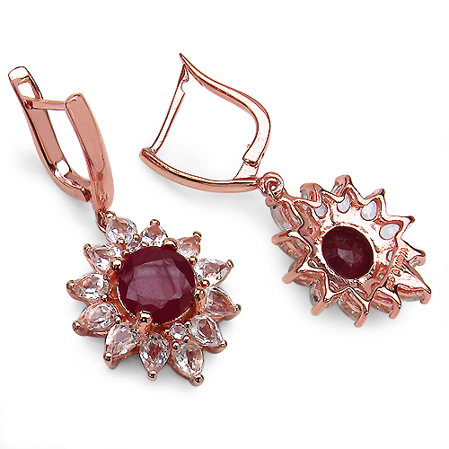 18K Rose Gold Plated 10.88 Carat Genuine Glass Filled Ruby & White Topaz .925 Sterling Silver Earrings