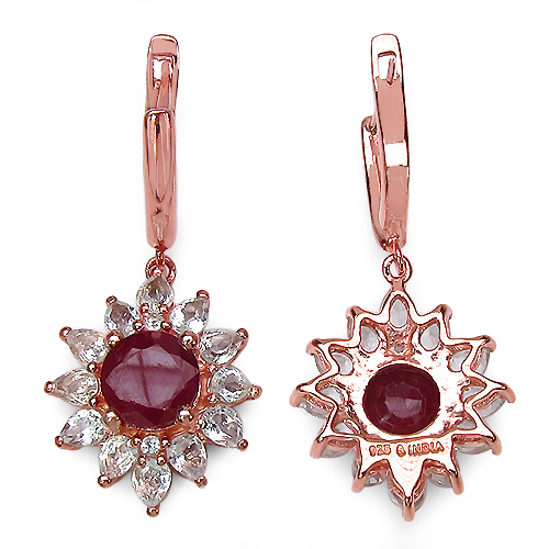 18K Rose Gold Plated 10.88 Carat Genuine Glass Filled Ruby & White Topaz .925 Sterling Silver Earrings