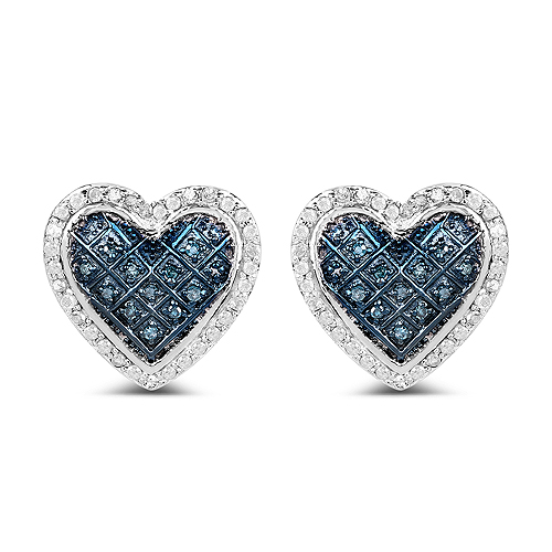 0.47 Carat Genuine White Diamond and Blue Diamond .925 Sterling Silver Earrings