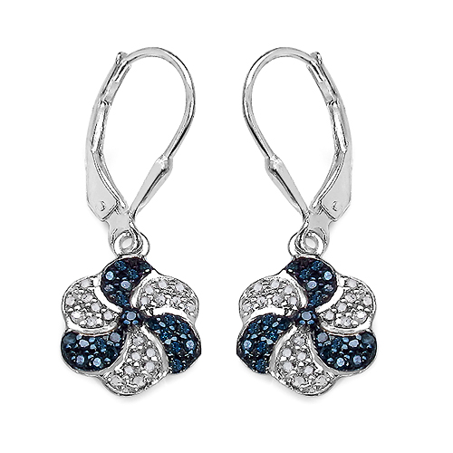 Earrings-0.48 Carat Genuine Blue Diamond & White Diamond .925 Sterling Silver Earrings