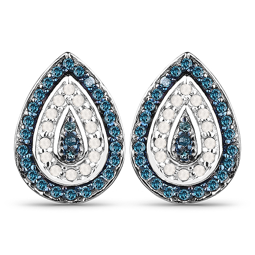 Earrings-0.43 Carat Genuine Blue Diamond and White Diamond .925 Sterling Silver Earrings