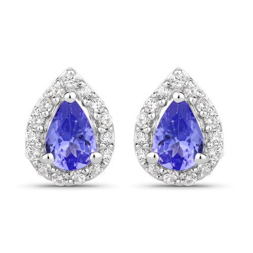 Earrings-1.34 Carat Genuine Tanzanite and Created White Sapphire .925 Sterling Silver Earrings