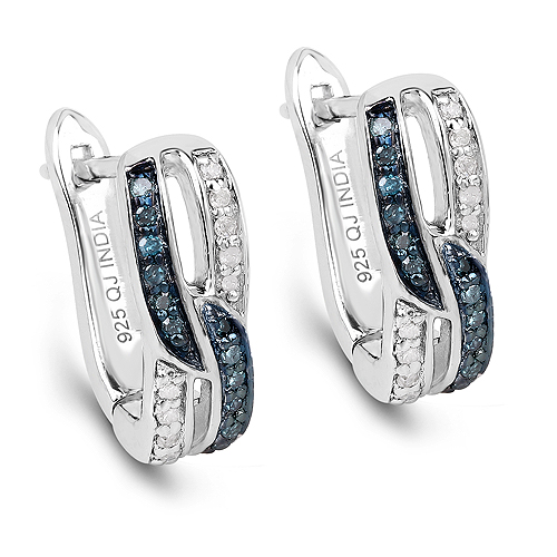 Earrings-0.22 Carat Genuine Blue Diamond and White Diamond .925 Sterling Silver Earrings