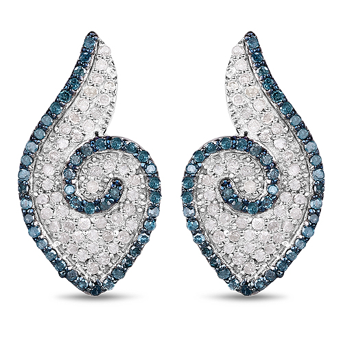 Earrings-0.91 Carat Genuine Blue Diamond and White Diamond .925 Sterling Silver Earrings