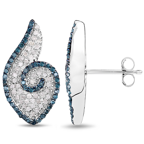 0.91 Carat Genuine Blue Diamond and White Diamond .925 Sterling Silver Earrings