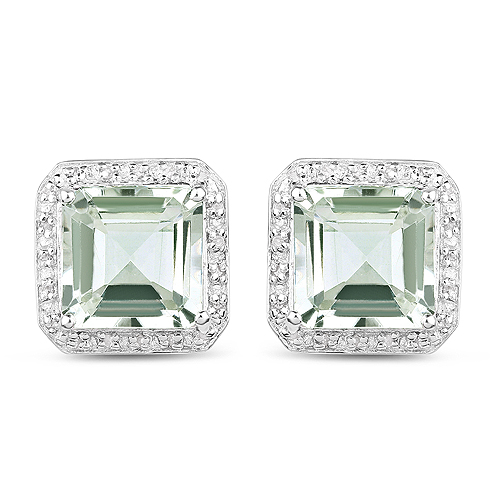 Amethyst-9.16 Carat Genuine Green Amethyst and White Diamond .925 Sterling Silver Earrings