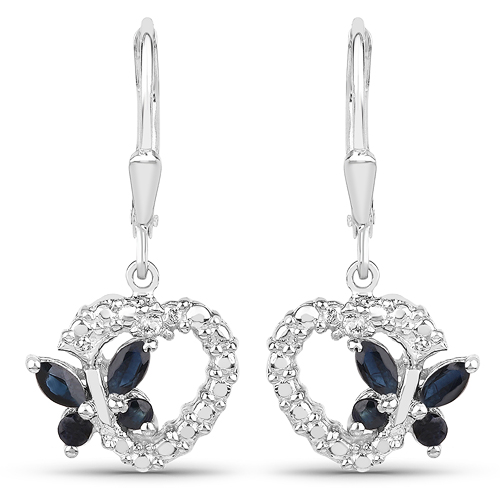 Earrings-0.55 Carat Genuine Blue Sapphire & White Diamond .925 Sterling Silver Earrings