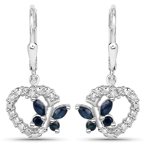 Earrings-0.55 Carat Genuine Blue Sapphire and White Diamond .925 Sterling Silver Earrings
