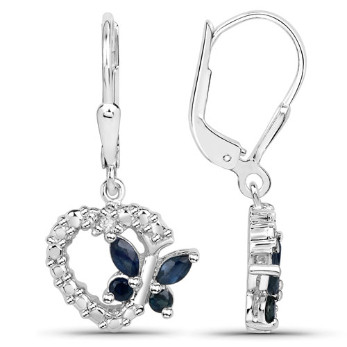0.55 Carat Genuine Blue Sapphire and White Diamond .925 Sterling Silver Earrings