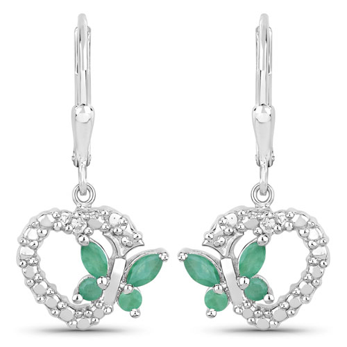 Emerald-0.44 Carat Genuine Emerald and Created White Sapphire .925 Sterling Silver Earrings