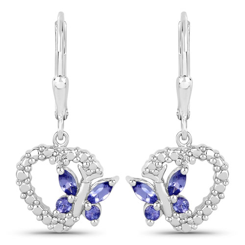 Earrings-0.50 Carat Genuine Tanzanite and Created White Sapphire .925 Sterling Silver Earrings