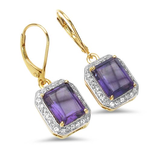 18K Yellow Gold Plated 5.52 Carat Genuine Amethyst & White Topaz .925 Sterling Silver Earrings
