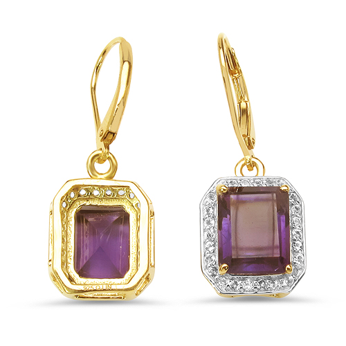 18K Yellow Gold Plated 5.52 Carat Genuine Amethyst & White Topaz .925 Sterling Silver Earrings